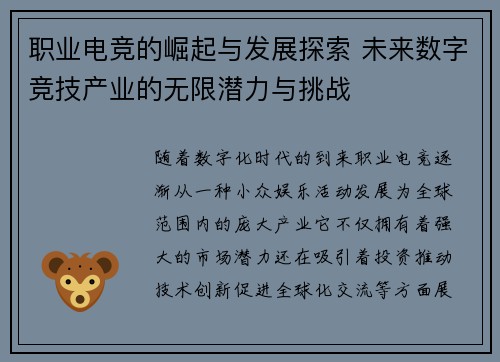 职业电竞的崛起与发展探索 未来数字竞技产业的无限潜力与挑战
